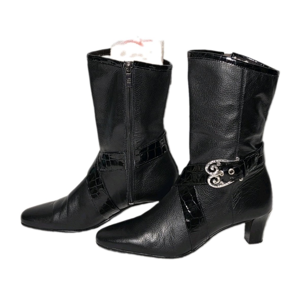 Brighten Womens Sz 7 Trance Black Boots Patent Croc- Embossed Strap Silverstone